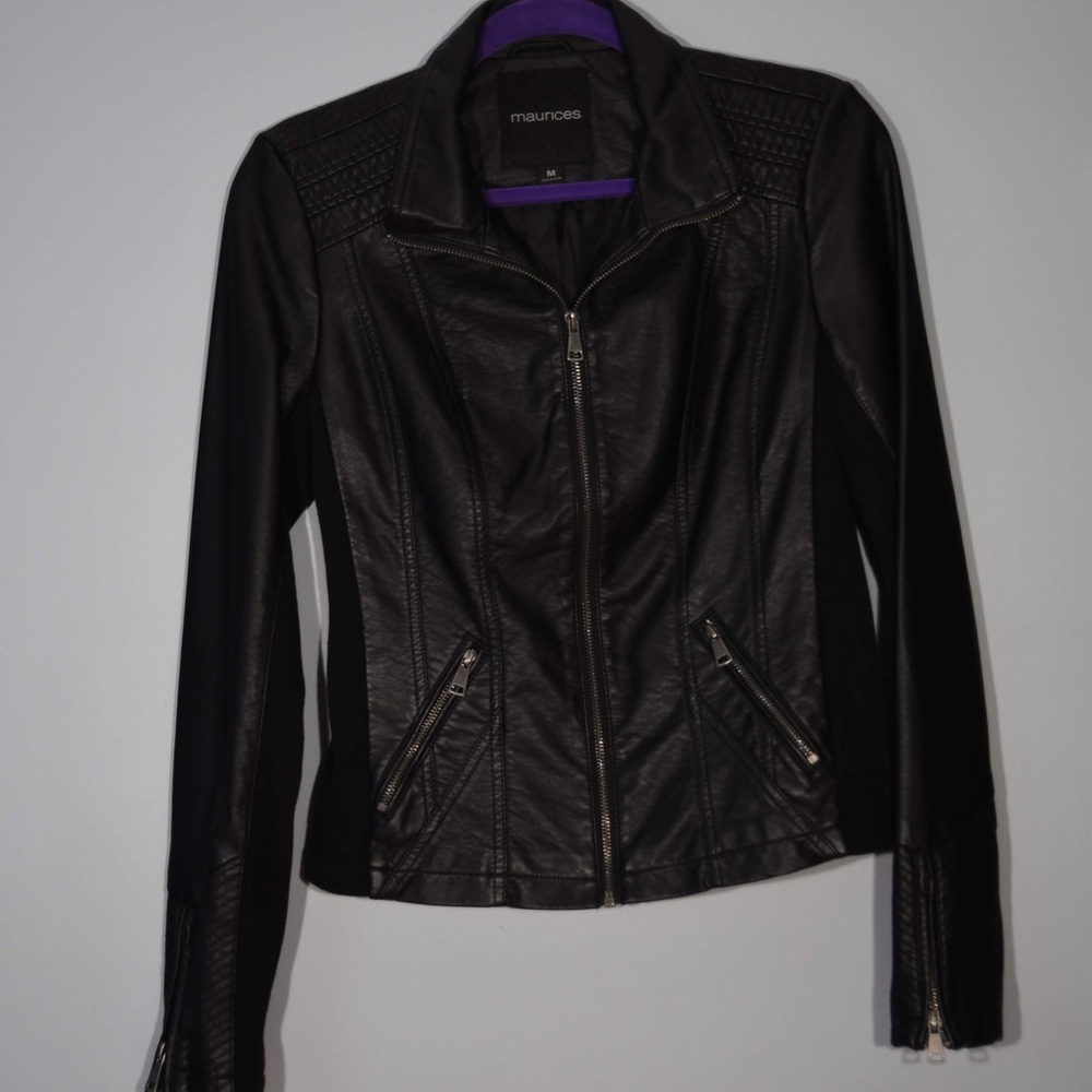 Black faux leather jacket with zippers